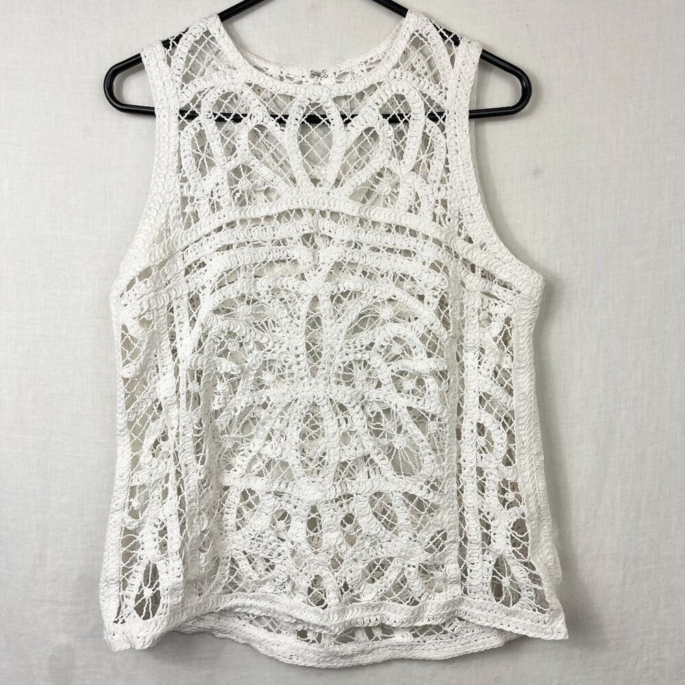Open Crochet Knit Sheer Sleeveless Top Womens L High Neck‎ Cottage Boho Gyspy